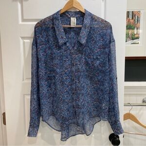 Free People Sheer Button Down Top Blue Floral Medium